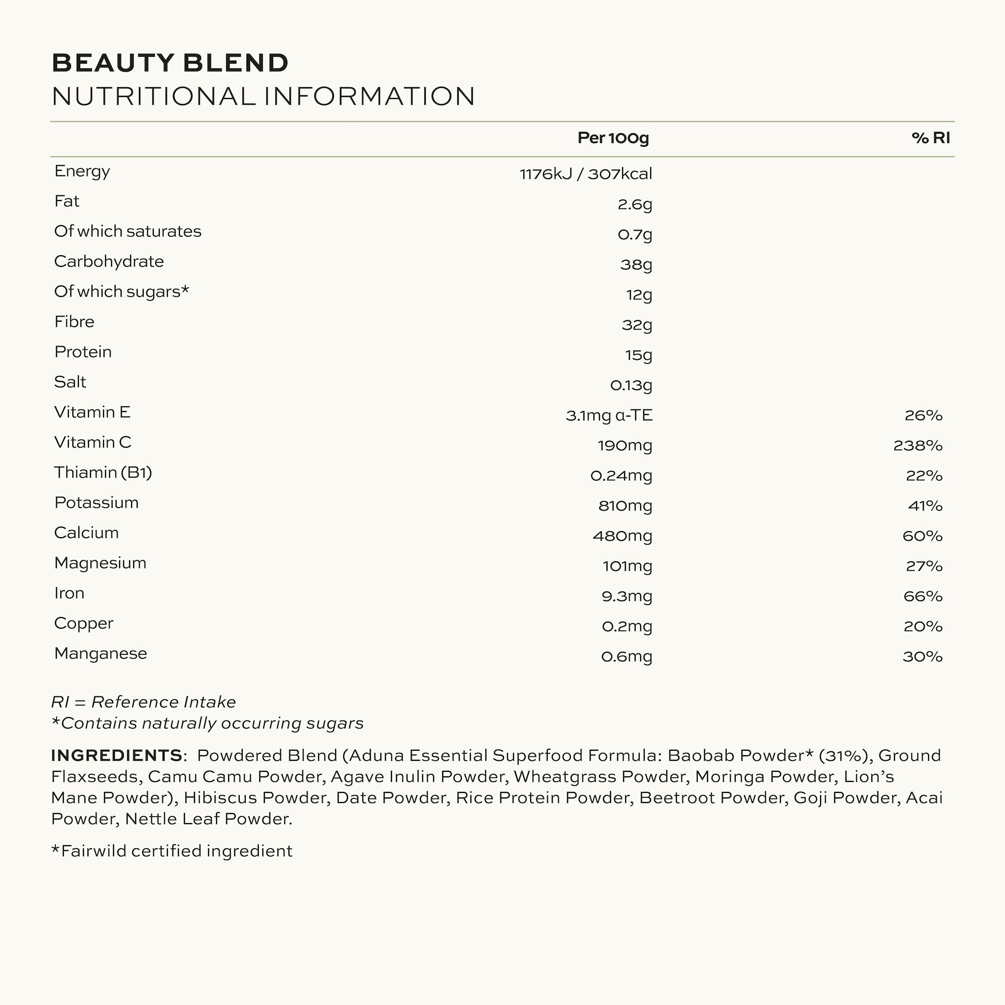 Aduna Beauty Superfood Blend Nutritional Information & Ingredients