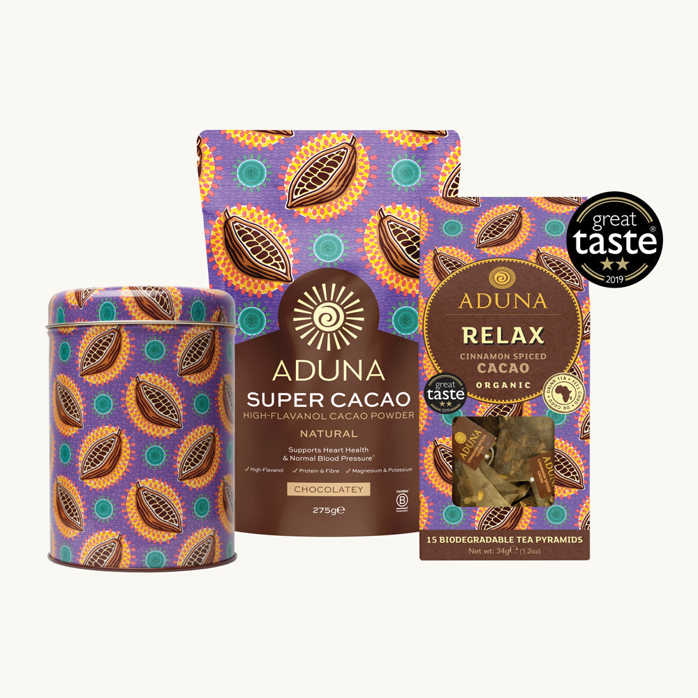 Aduna Super Cacao Powder 275g Pouch, Cacao Tin & Relax: Cacao Tea