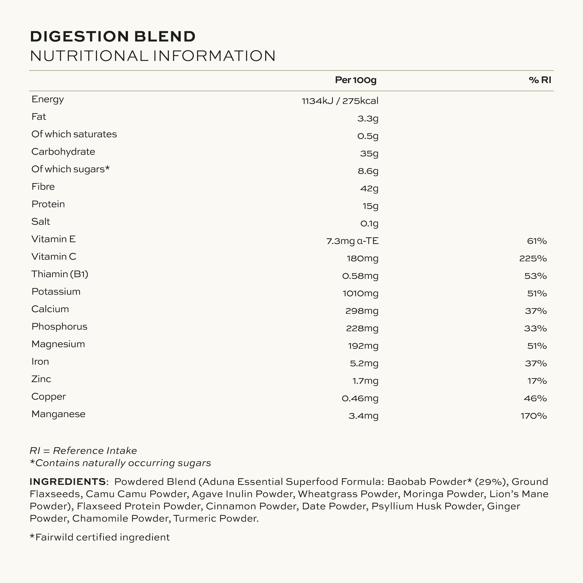 Aduna Digestion Advanced Superfood Blend Nutritional Information & Ingredients