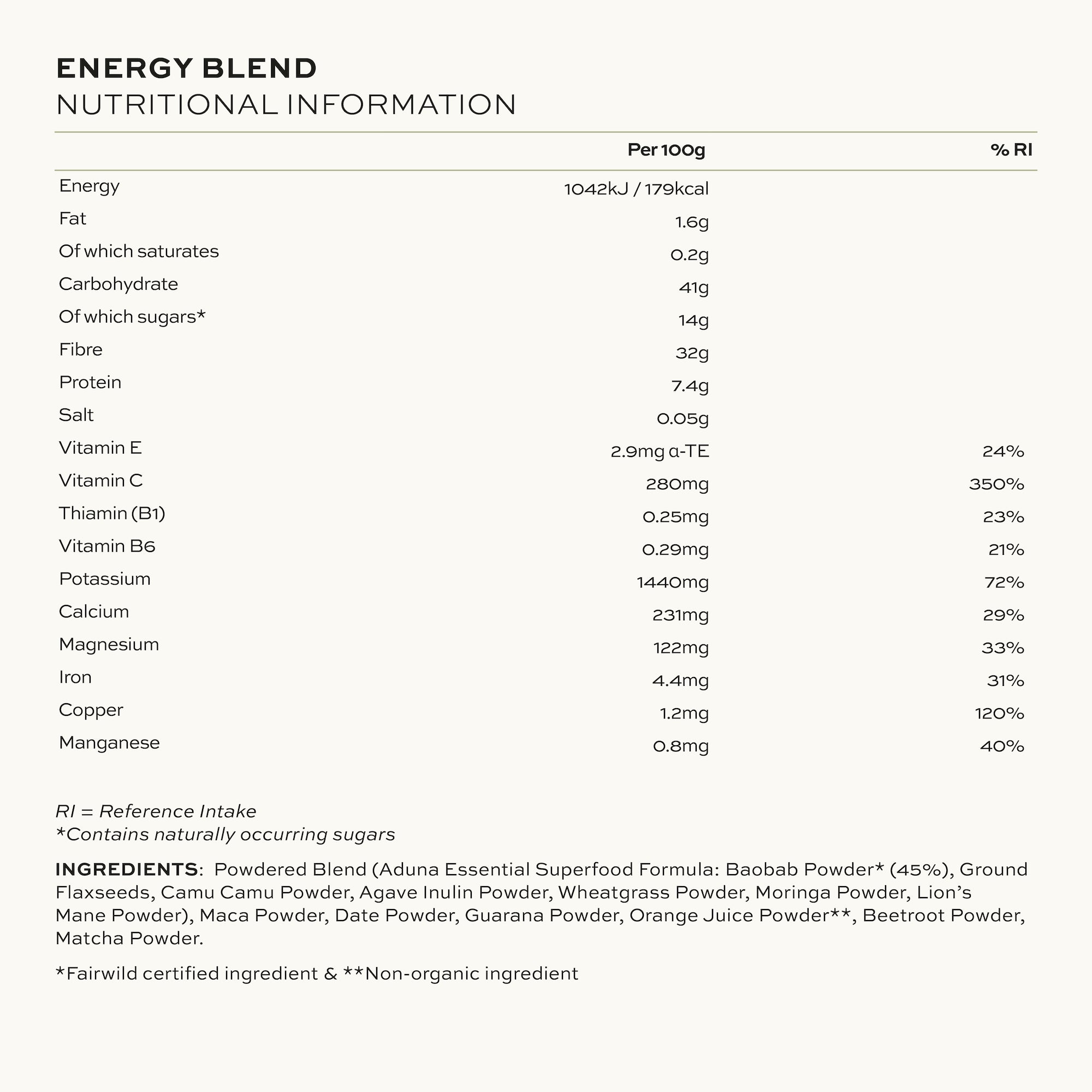 Aduna Energy Superfood Blend Nutritional Information & Table