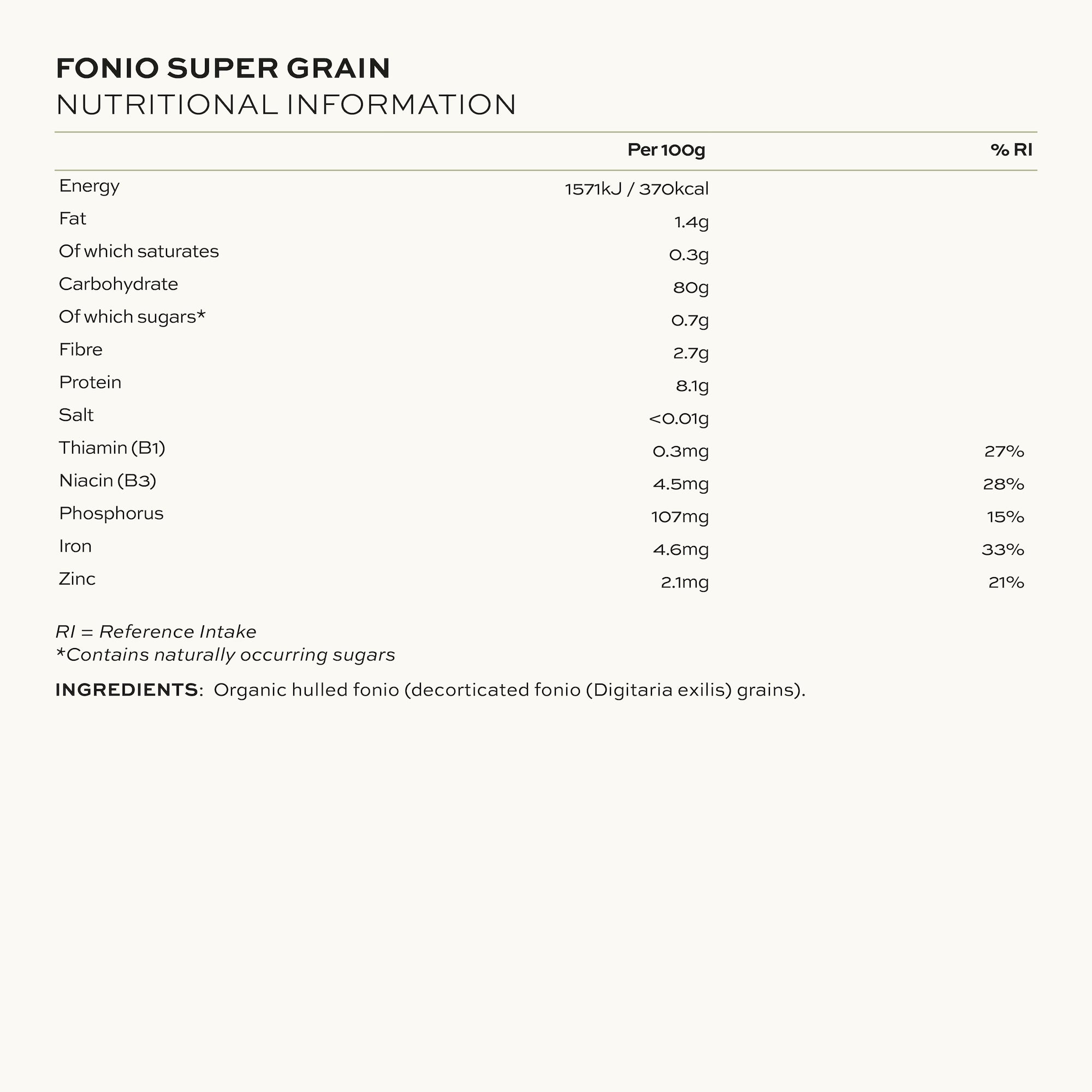 Aduna Fonio Graun Nutritional Information & Ingredients