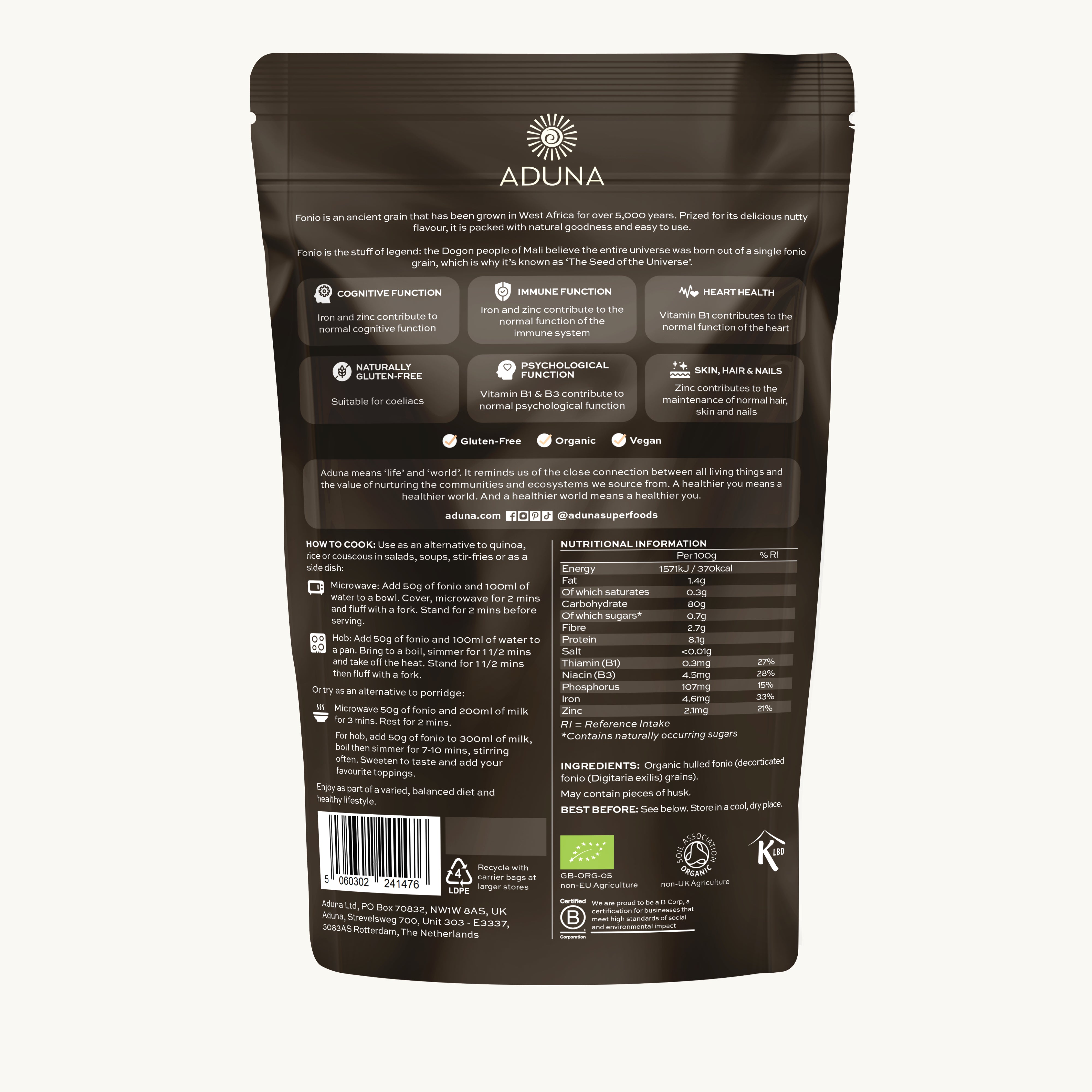 Aduna Fonio Super Grain 1kg Pouch - Back of Pack