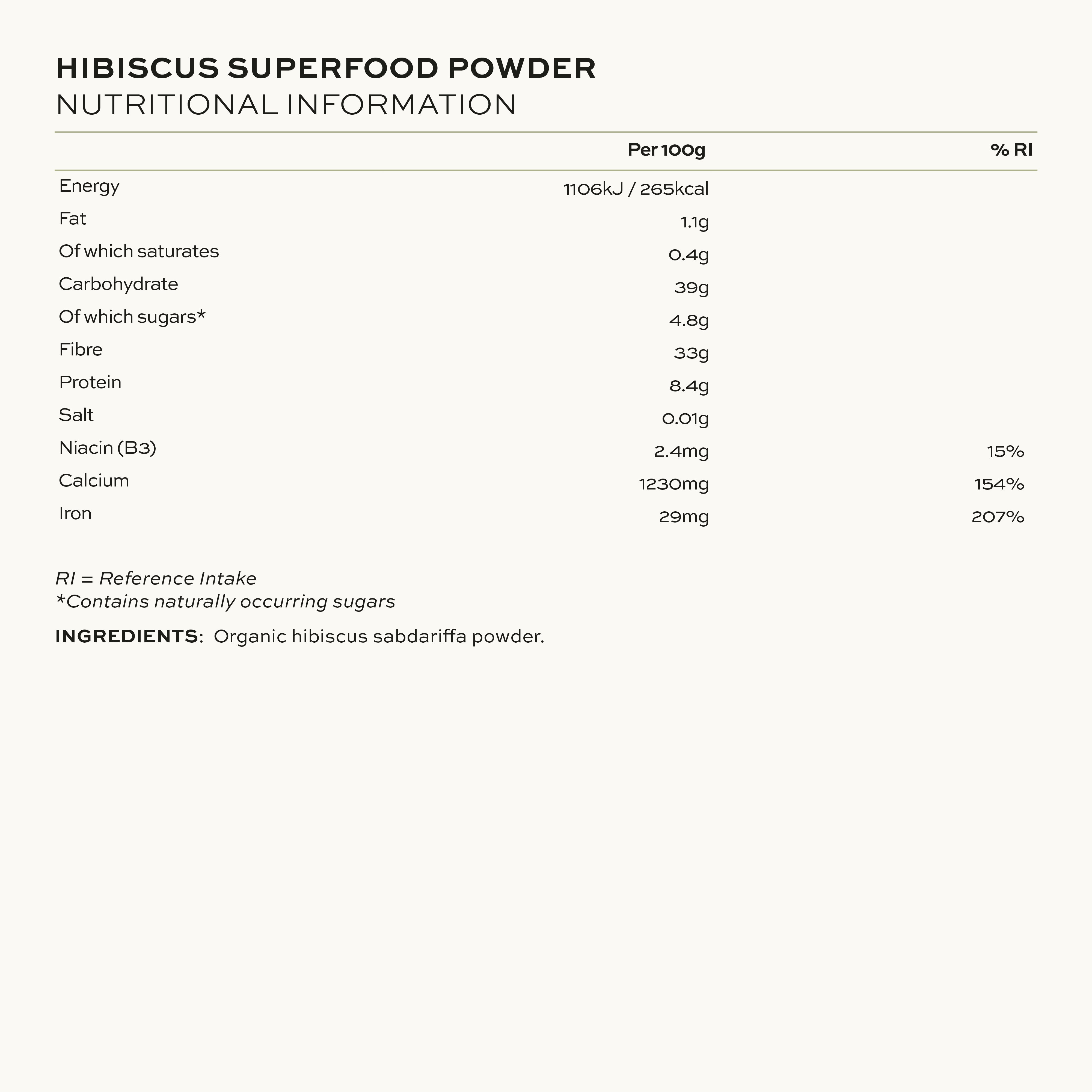 Aduna Hibiscus Powder Nutritional Information & Ingredients