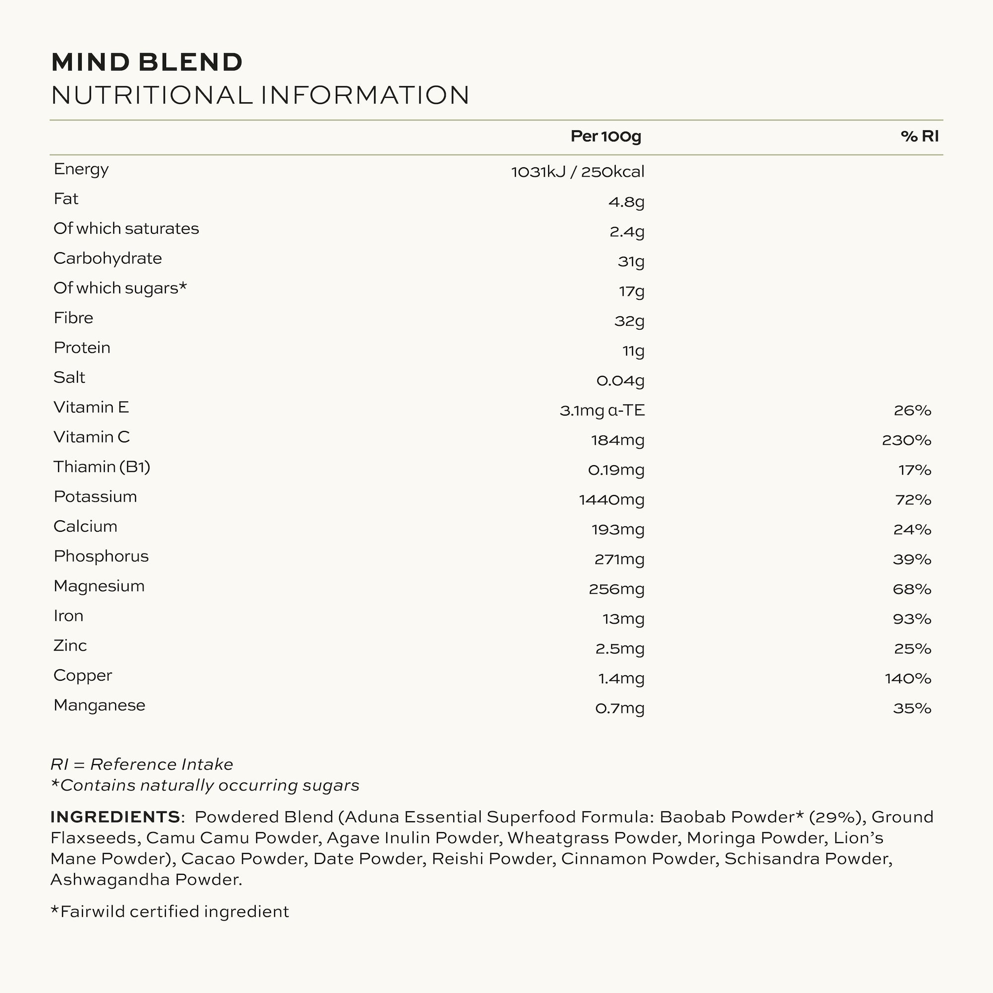 Aduna Mind Superfood Blend Nutritional Information & Ingredients