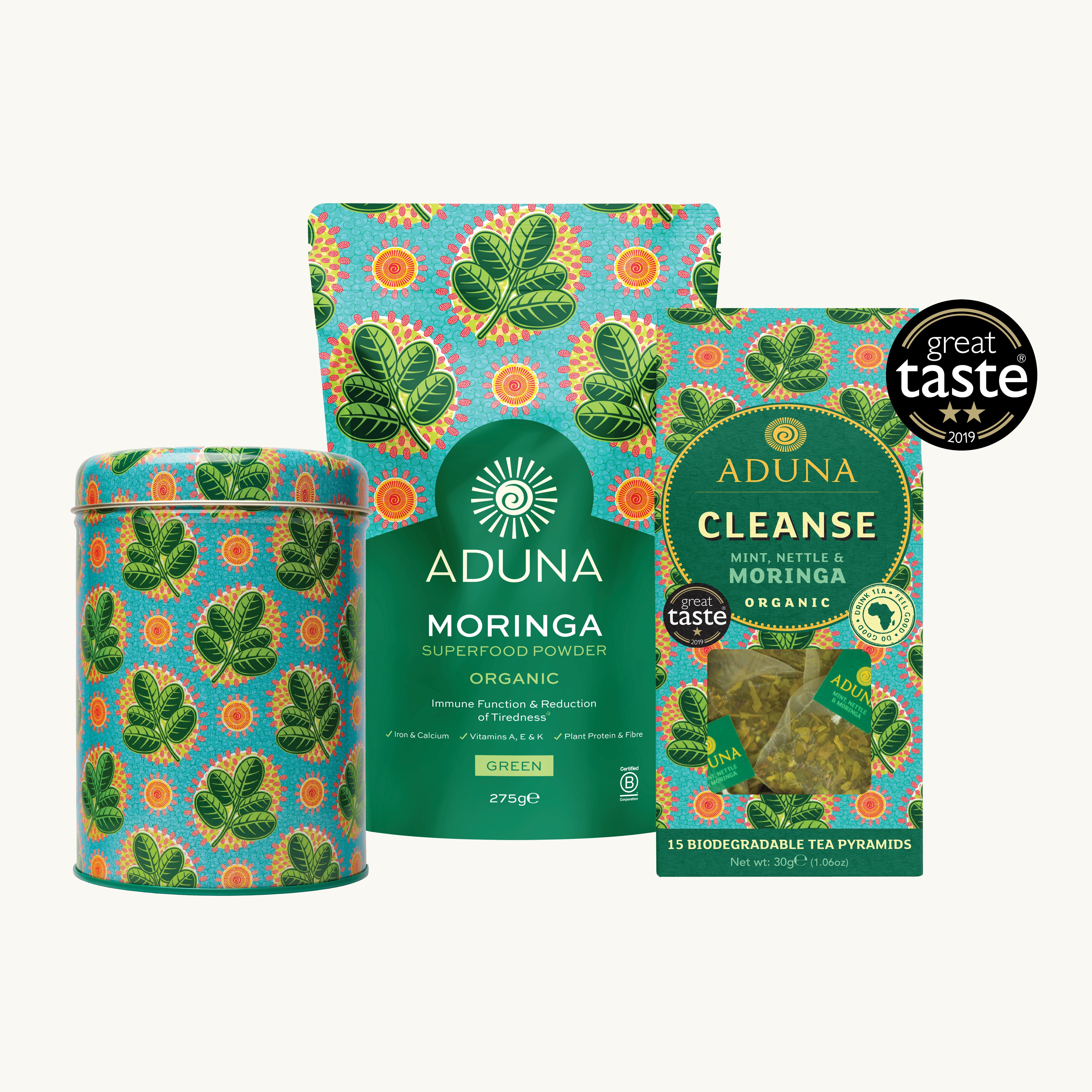 Aduna Moringa 275g Pouch, Moringa Homeware Tin & Cleanse: Moringa Tea