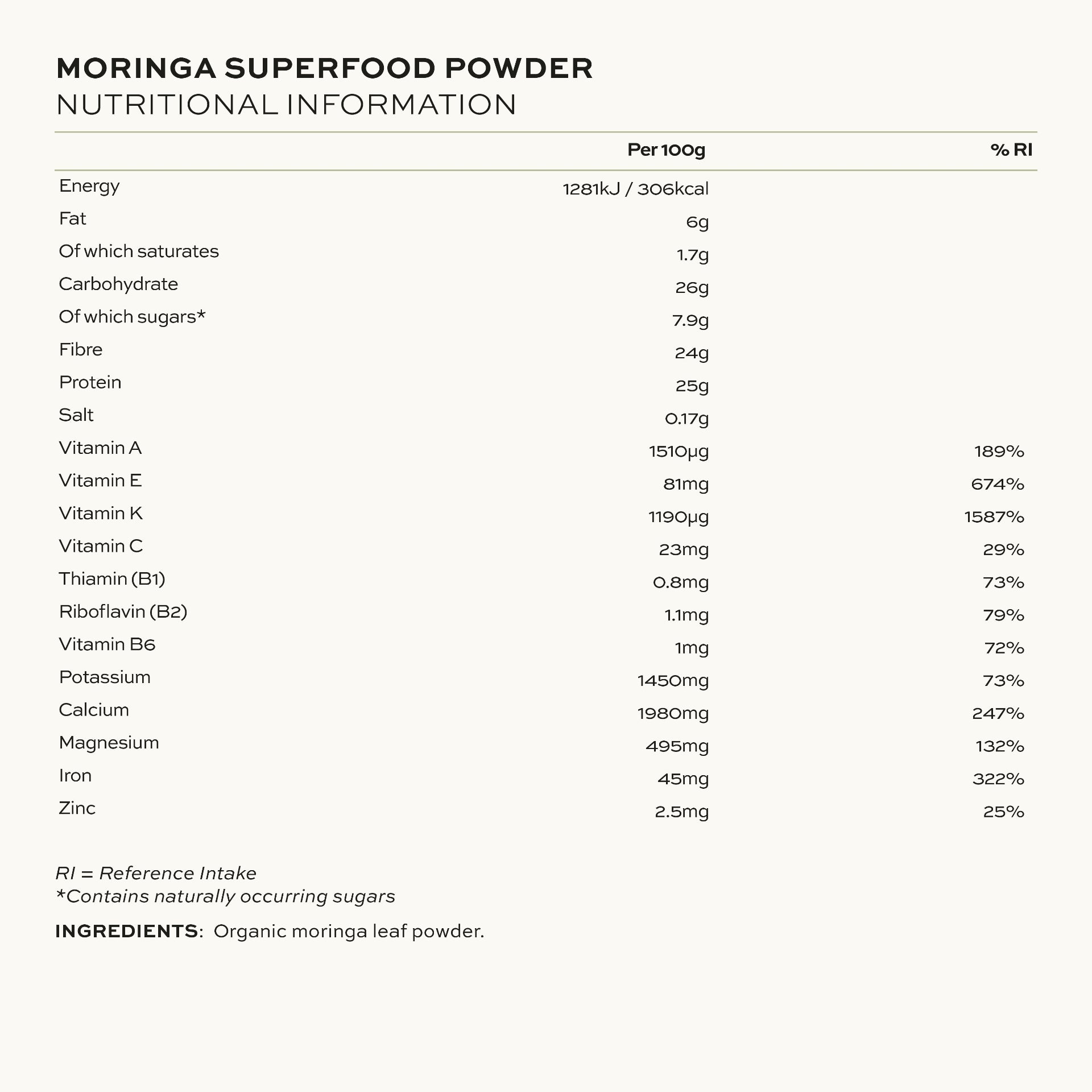 Aduna Moringa Powder Nutritional Information & Ingredients