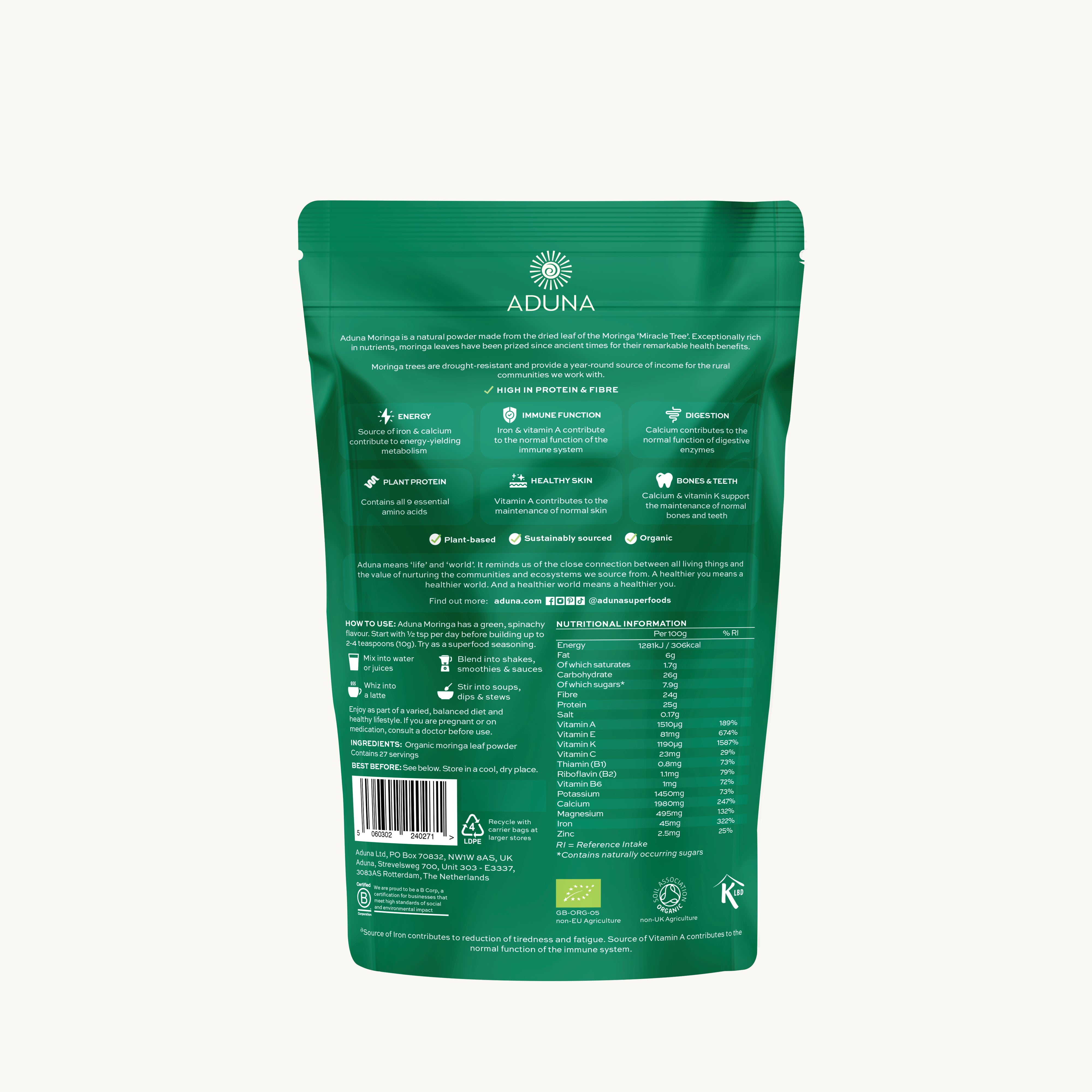 Aduna Moringa Powder Pouch - Back of Pack