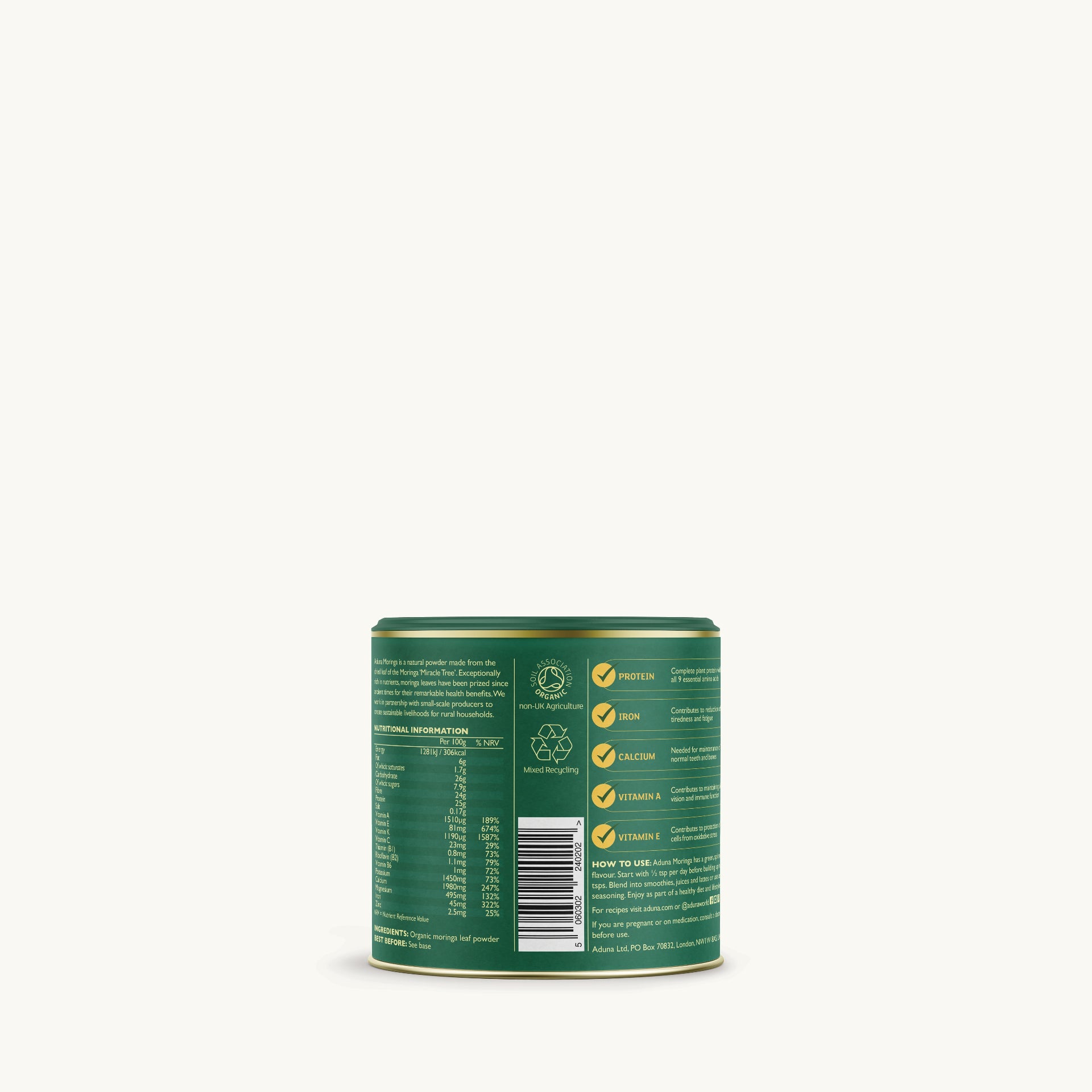 Aduna Moringa Powder Tub - Back of Pack