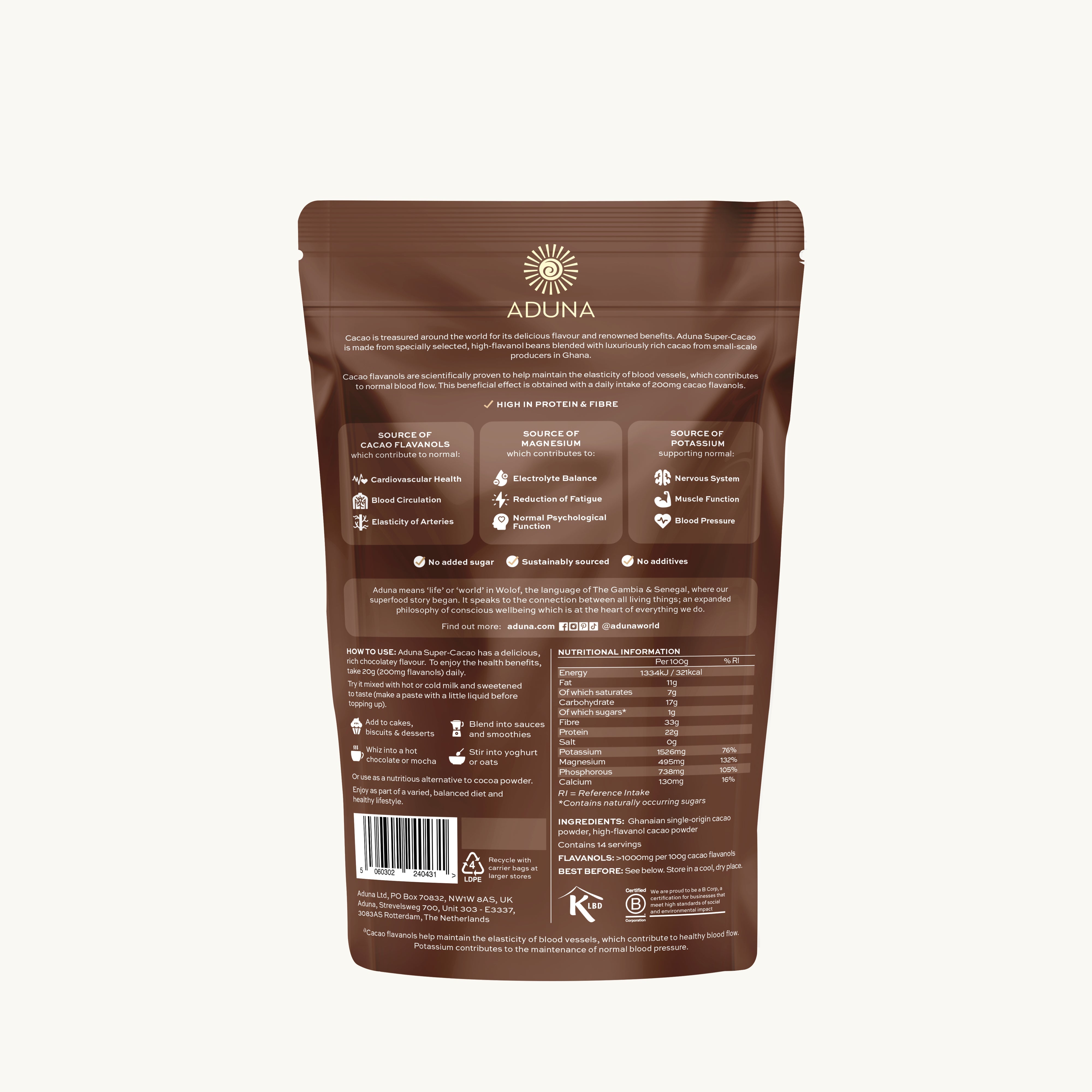 Aduna Super Cacao 275g Pouch - Back of Pack