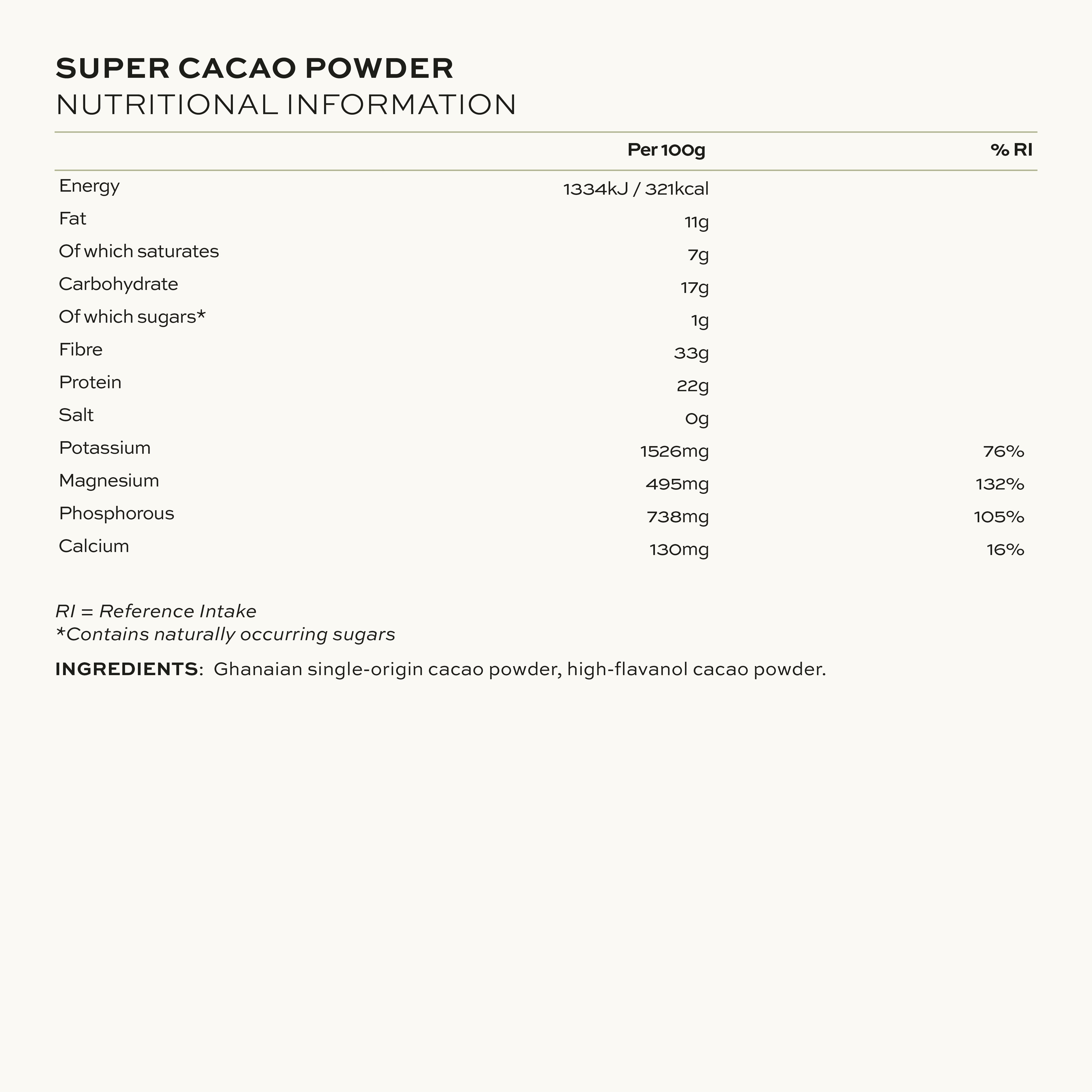 Aduna Super Cacao Powder Nutritional Information & Ingredients