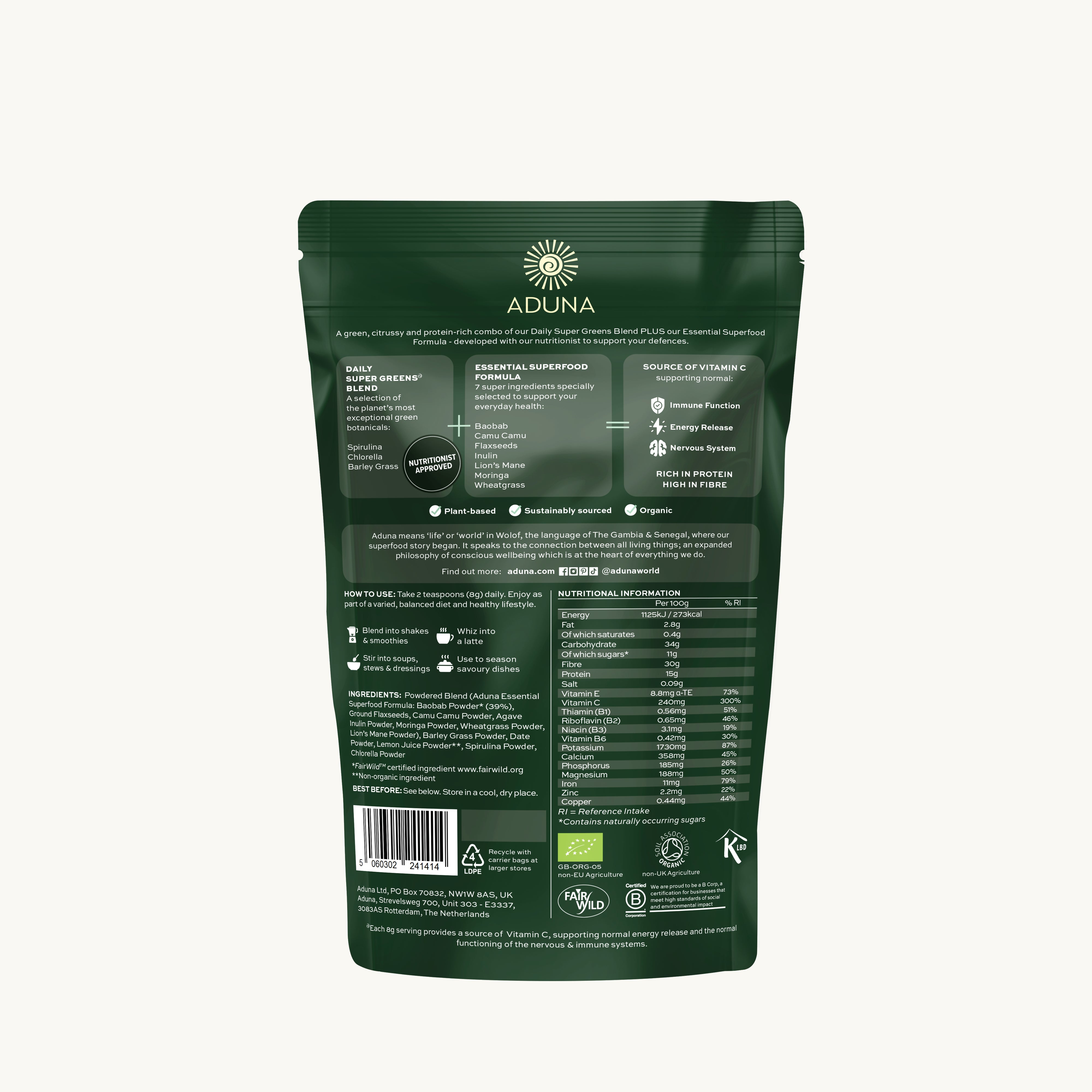 Aduna Super Greens Advanced Superfood Blend pouch - Back of Pack