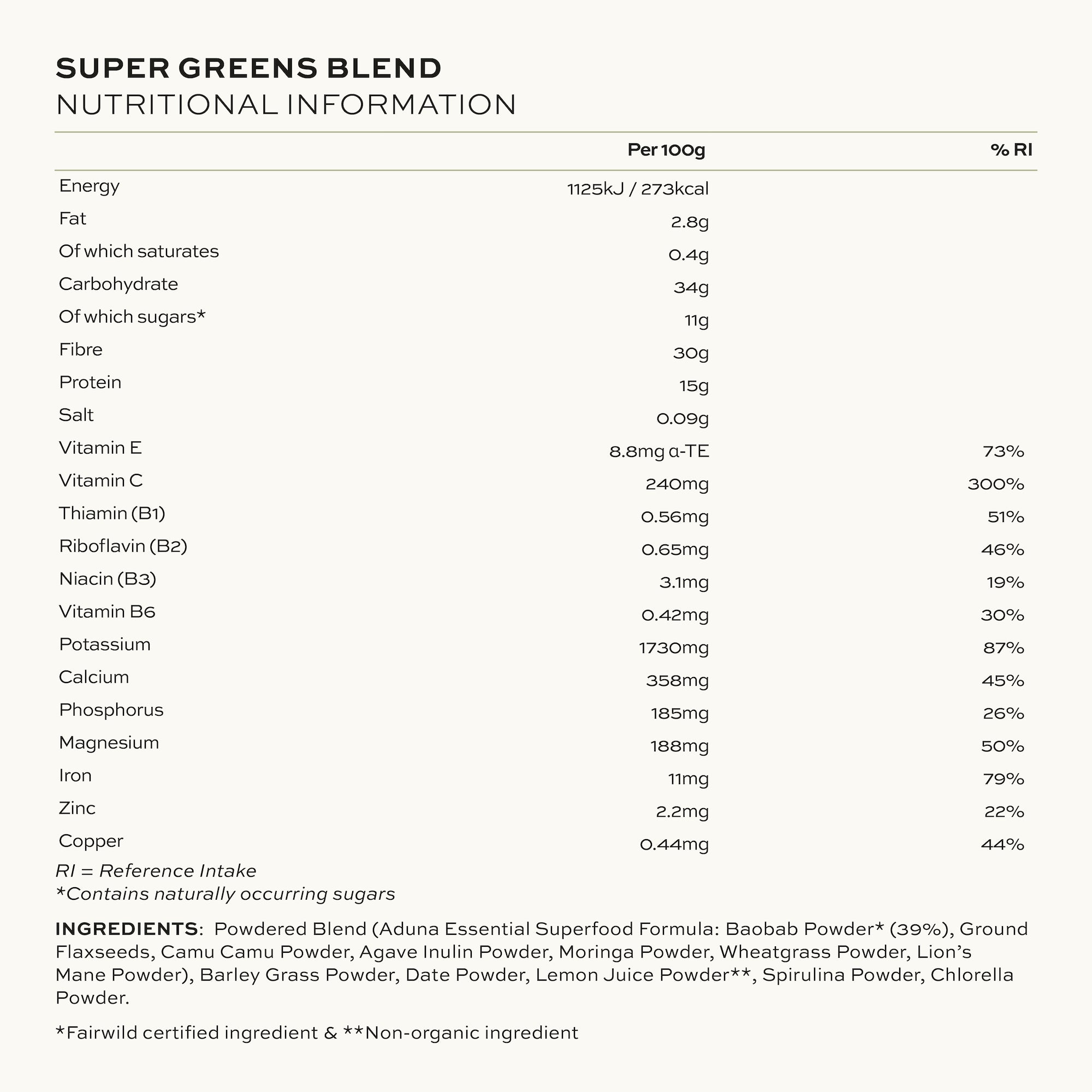 Aduna Super Greens Superfood Blend Nutritional Information & Ingredients