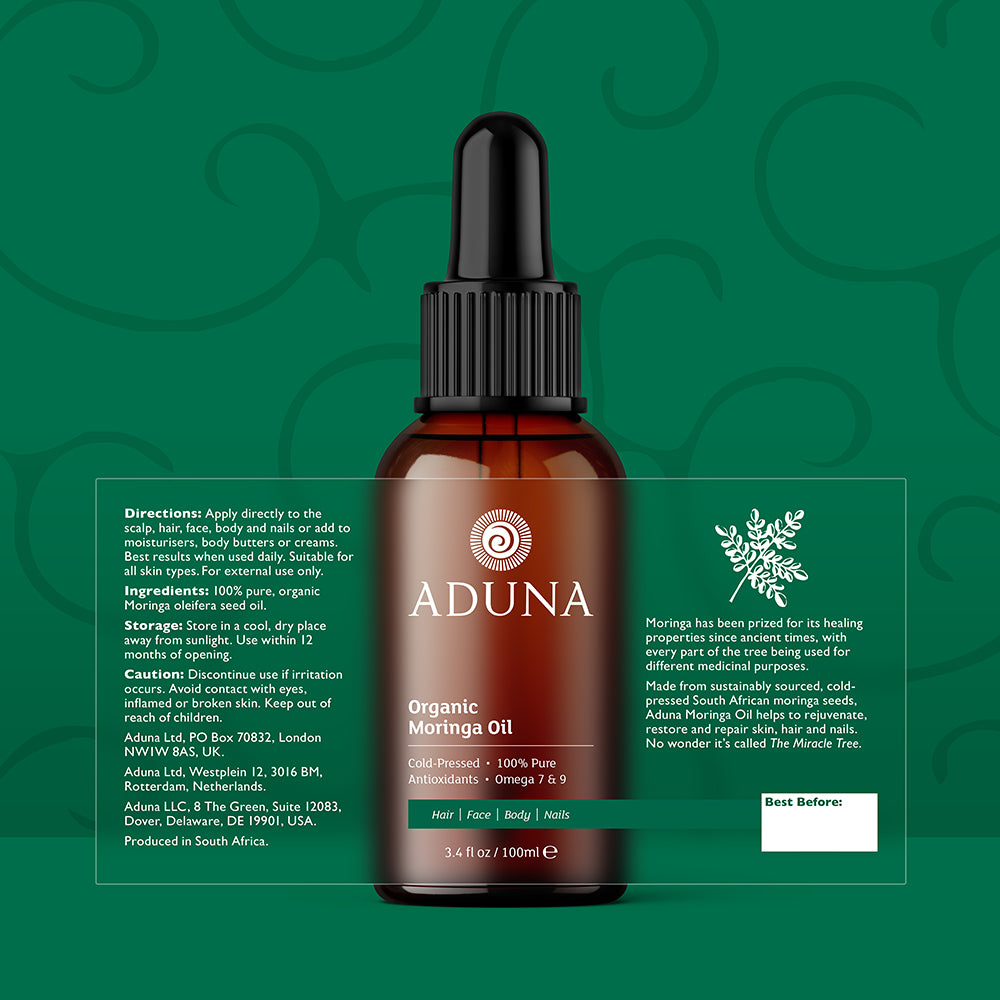 Aduna Moringa Beauty Oil - Front & Back of Bottle